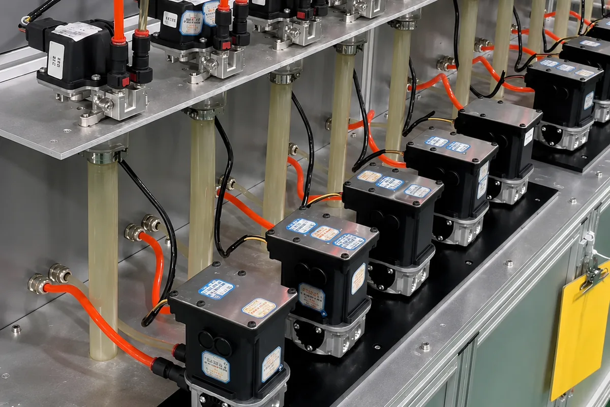 Multiple SCR dosing pumps connected to a fluid and electrical test line